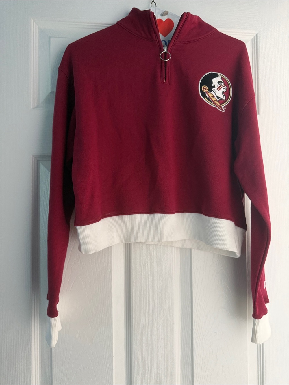 Women's Maroon zip crop Sweatshirt with White Trim champion small